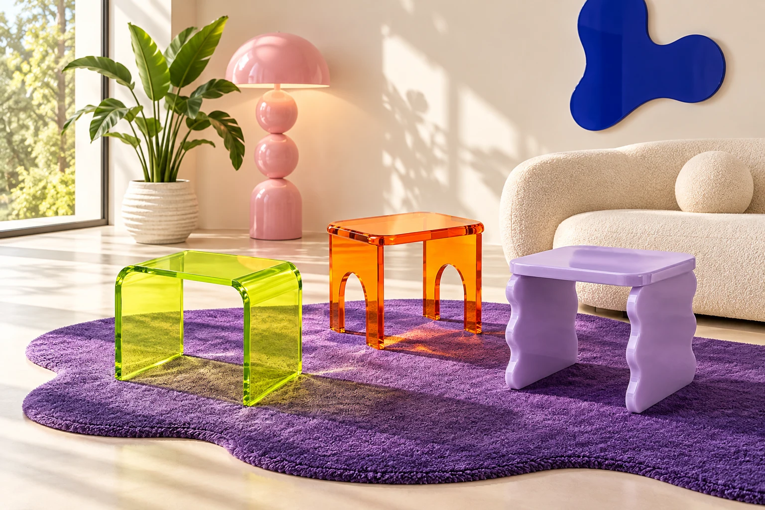 luuxeloop acrylic stools in a colorful interior