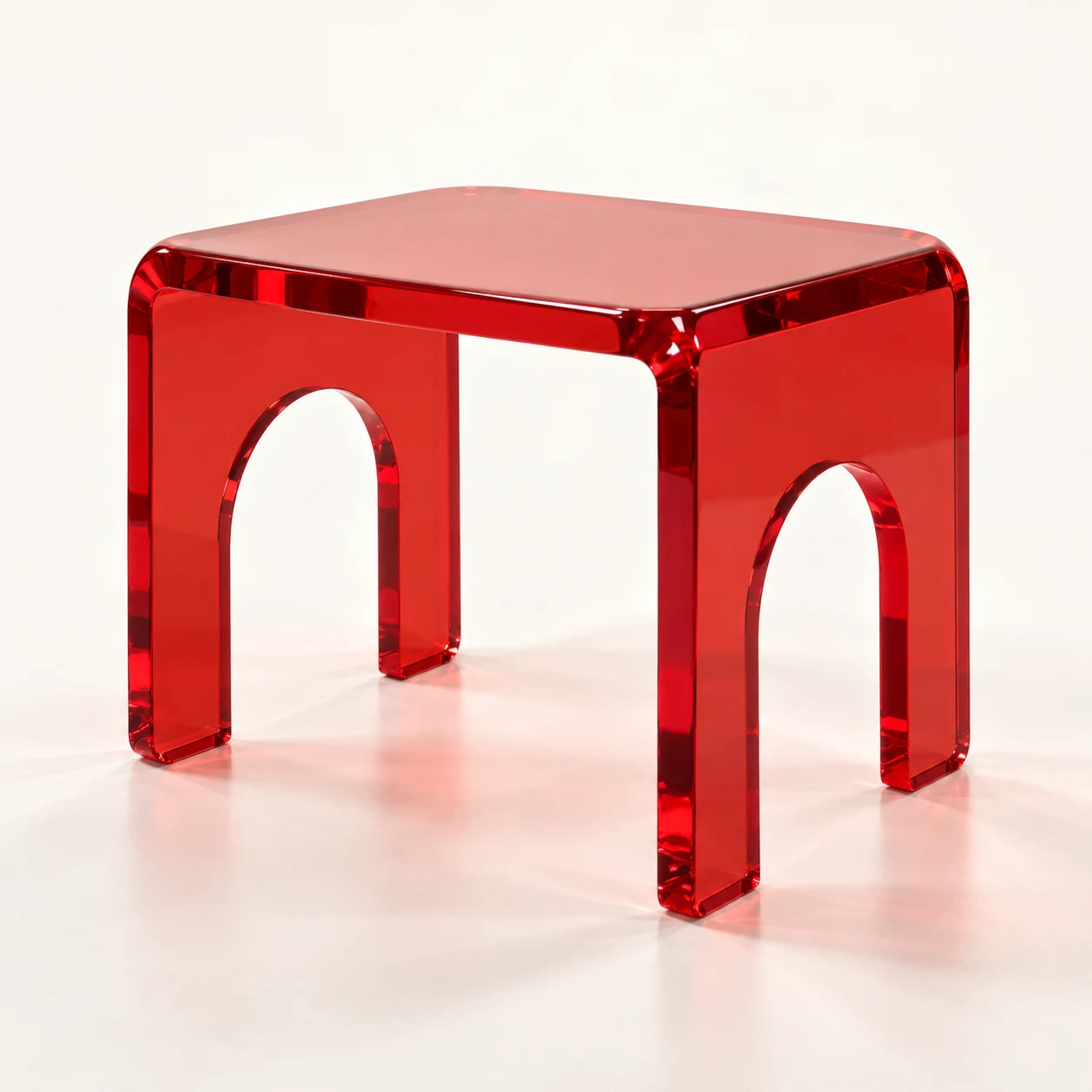 Cherry Portal Cherry red acrylic stool, three-quarter view