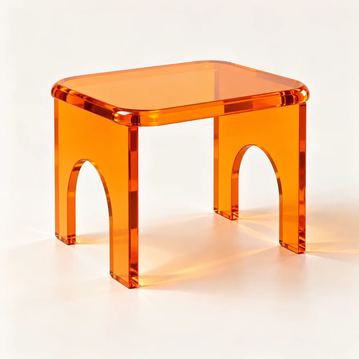 Tangerine Portal Tangerine orange acrylic stool, three-quarter view